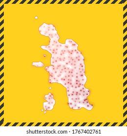 Pangkor Island closed - virus danger sign. Lockdown island icon with a black striped border around the map, illustrating the concept of virus spread. Vector illustration.