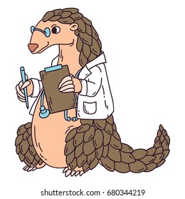 Pangolin the doctor. Isolated objects on white background. Cartoon vector illustration.