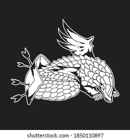 Guerra de Pangolin con alas y escudo en ilustración vectorial aislada de estilo monocromo