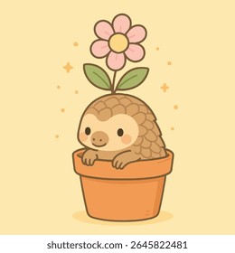 Pangolin's Blooming Surprise, Uma ilustração encantadora de um pangolim emergindo de um pote de solo, com uma flor delicada florescendo no topo.