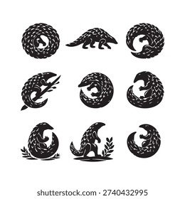 Pangolins silhouette set vector illustration featuring a collection of clean, minimalist black designs of pangolins in different poses. Bold flat style representing wildlife, nature, endangered species, conservation, and biodiversity. Ideal for educational materials, wildlife guides, environmental campaigns, posters, infographics, and digital or print projects. 
