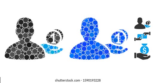 Panhandler mosaic of circle elements in various sizes and color tones, based on panhandler icon. Vector circle elements are united into blue collage. Dotted panhandler icon in usual and blue versions.