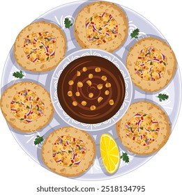 Pani Puries with Imli Chutney on Plate with Lime and Parsley Garnish Top View. Golgappay with Potatoes, Chickpeas and Onion Base Filling. Indian Street Food Vector Illustration  