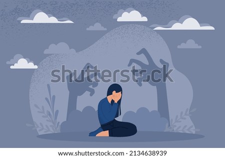 Panic attach concept. Girl sitting with her face in her hands. Fear and depression, hand silhouettes behind character. Psychological problems, imagination and fantasy. Cartoon flat vector illustration