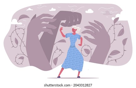 Panic attack, afraid scared frightened emotional person. Stressed unhappy woman suffering from psychological problems vector illustration. Anxiety fear concept