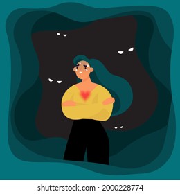 Panic attack or anxiety. Woman in the dark place. Illness, phobia, impairment, psychiatric or psychological problem concept illustration.