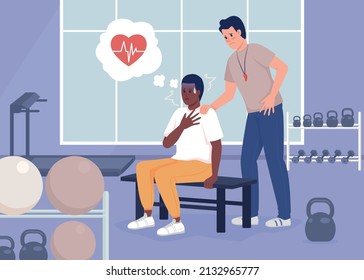 Panic attack at athletic club flat color vector illustration. Coach tries to reassure man. Physical sensation of stress. Man has heart attack 2D simple cartoon characters with gym on background