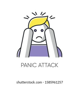 Panic attack color icon. Anxiety and depression. Paranoia and phobia. Migraine from stress. Person afraid and nervous. Mental disorder. Psychological problem. Isolated vector illustration