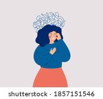 Panic attack concept. Uneasy woman has chest pain and vertigo. A depressed female with nervous problems has shortness of breath and feels anxious. Vector illustration