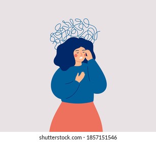 Panic attack concept. Uneasy woman has chest pain and vertigo. A depressed female with nervous problems has shortness of breath and feels anxious. Vector illustration