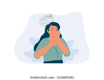 Panic attack concept. Uneasy woman has chest pain and vertigo. A depressed female with nervous problems has shortness of breath and feels anxious. Vector illustration