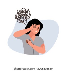 Panic attack concept. Uneasy woman has chest pain and vertigo. Mood change PMS symptoms Anxiety. Depressed female with nervous problems has shortness of breath and feels anxious. Vector illustration.