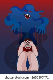 Panic attack controls a person. Sad girl sit and cry, creepy monster with marionette threads behind her back. PTSD, personality disorder, anxiety or anxious depression concept. Mental health women