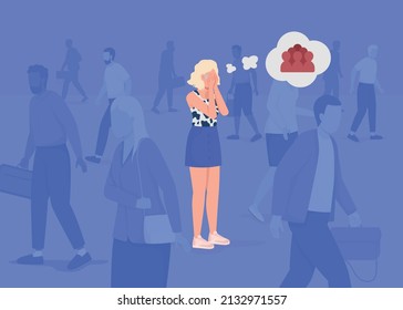 Panic Attack In Crowd Flat Color Vector Illustration. Anxiety Disorder. Overcrowded Streets. Lady Experiences Fear And Stress 2D Simple Cartoon Characters With Strangers On Background