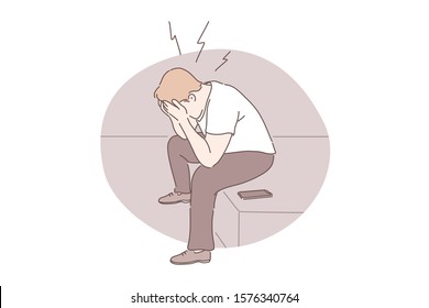 Panic attack, emotional stress, depression concept. Guy sitting and holding head, desperate person receiving bad news, mental health problem, young man suffering from headache. Simple flat vector