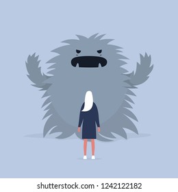 Panic attack. Face the fear.  Psychological issues. Phobia, Dealing with the stress. Huge monster trying to scare a character. Flat editable vector illustration, clip art