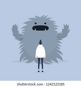 Panic attack. Face the fear.  Psychological issues. Phobia, Dealing with the stress. Huge monster trying to scare a character. Flat editable vector illustration, clip art