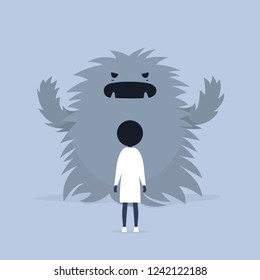 Panic attack. Face the fear.  Psychological issues. Phobia, Dealing with the stress. Huge monster trying to scare a character. Flat editable vector illustration, clip art