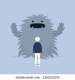 Panic attack. Face the fear.  Psychological issues. Phobia, Dealing with the stress. Huge monster trying to scare a character. Flat editable vector illustration, clip art