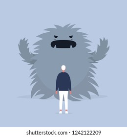 Panic attack. Face the fear.  Psychological issues. Phobia, Dealing with the stress. Huge monster trying to scare a character. Flat editable vector illustration, clip art