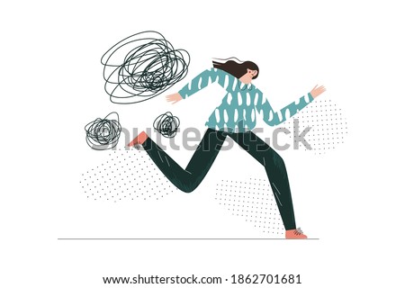 Panic attack, fear, anxiety, scared lady. Girl runs away from her phobias. Mental health, wellbeing or disorder. Woman with symptoms of a nervous breakdown simple flat vector abstract illustration 

