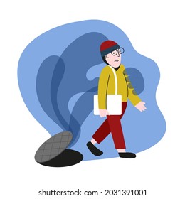 Ataque de pánico, miedos, paranoia, concepto de ansiedad. Hombre asustado y asustado por las sombras y fantasmas imaginarios. Miedo a la persecución. Ilustración dibujada a mano por vectores.