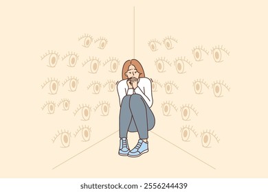 Panic attack in frightened woman sitting in corner near wall consisting of giant eyes. Girl with schizophrenia feels panic attack and hallucinations caused by destruction of personality.