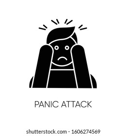 Panic attack glyph icon. Anxiety and depression. Paranoia and phobia. Migraine from stress. Person afraid and nervous. Mental disorder. Silhouette symbol. Negative space. Vector isolated illustration