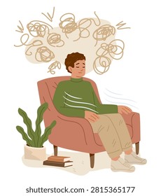 Panic attack grounding calm breathing relaxation technique man sitting in armchair abstract anxiety lines indoor plant books mental health