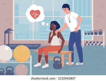 Panic attack at gym flat color vector illustration. Coach tries to reassure woman. Physical sensation of stress. Lady has heart attack 2D simple cartoon characters with gym on background