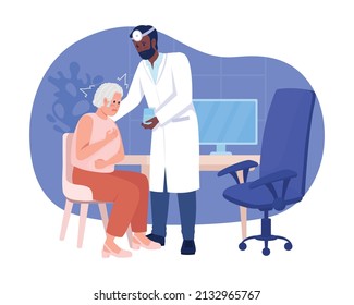 Panic attack at hospital 2D vector isolated illustration. Doctor reassuring patient flat characters on cartoon background. Senior woman terrified colourful scene for mobile, website, presentation