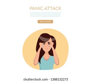 Panic attack and hysterical girl. Vector girl suffers from hysteria and depression. Flat illustration in cartoon style