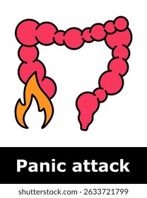 Panic attack icon. Intestines with flame indicating abdominal pain, digestive reaction, stress-induced irritation, gastrointestinal discomfort.