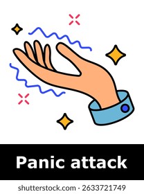 Panic attack icon. Open hand with vibrating lines and sparkles representing shaking, nervous tremor, emotional stress, muscle reaction.