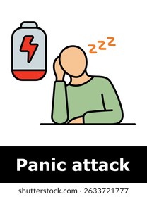 Panic attack icon. Person with empty battery and lightning bolt showing exhaustion, fatigue, low energy, burnout, mental depletion.