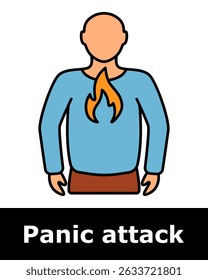 Panic attack icon. Person with flame on chest symbolizing burning sensation, heart discomfort, emotional intensity, internal turmoil.
