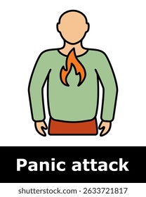 Panic attack icon. Person with flame on chest symbolizing burning sensation, heart discomfort, emotional intensity, internal turmoil.