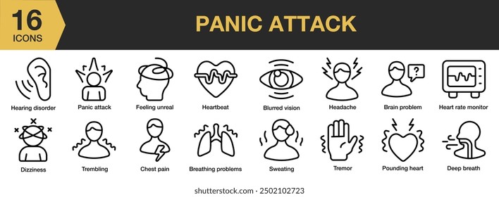 Panic Attack icon set. Includes blurred vision, headache, heartbeat, sweating, dizziness, and More. Outline icons vector collection.