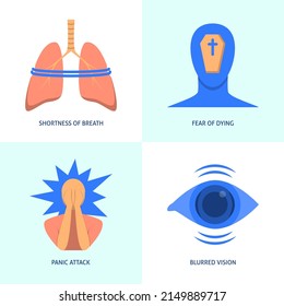 Panic attack icon set. Stress symptoms. Fear of dying, blurry vision, shortness of breath. Vector illustration.