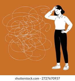 Ilustración de ataque de pánico de personaje femenino joven con monstruo de cuerda imaginaria que simboliza problemas de salud mental, lucha emocional y estrés psicológico