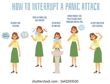 Panic attack interruption - educational informative medical banner with woman cartoon character overcoming stress, flat vector illustration isolated on white background.