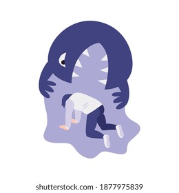 Panic attack isometric 3d concept with monster above human character vector illustration