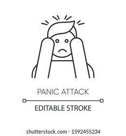 Panic attack linear icon  Anxiety   depression  Paranoia  Person afraid   nervous  Mental disorder  Thin line illustration  Contour symbol  Vector isolated outline drawing  Editable stroke