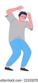 Panic attack. The man covers his head with his hands. Grimace of fear and horror on the face. Flat vector illustration. Eps10