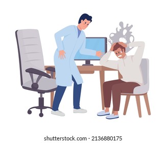 Ataque de pánico a personajes vectoriales de color semiplana de chequeo médico. Cifras. Gente de cuerpo entero en blanco. Preocupado doctor simple ilustración de estilo de caricatura para diseño gráfico web y animación