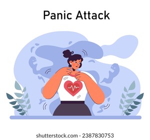 Panic attack. Mental health disorder. Phobia, frustration and constant stress. Psychotherapy and emotional support idea. Flat vector illustration