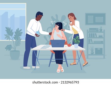 Panic attack at office flat color vector illustration. Reassuring colleagues. Mental health. Woman experiences stress at work 2D simple cartoon characters with workspace on background