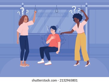 Panic attack on public transport flat color vector illustration. Man experiences stress. Mental health. Reassuring strangers 2D simple cartoon characters with transport on background