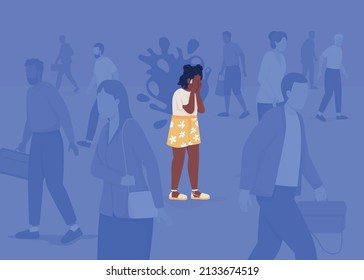 Panic attack in overcrowded place flat color vector illustration. Anxiety disorder. Mental health. Girl experiences fear and stress 2D simple cartoon characters with strangers on background