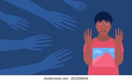 Panic attack, phobia, fear, fright concept. Hands from the dark reach out to the frightened character. Vector illustration in a flat style